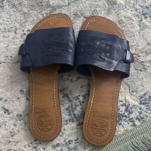 Tory Burch Dark Blue Leather Slides